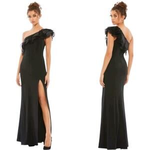 Mac Duggal One Shoulder Ruffle Trim High Slit Black Evening Gown size US 6 NWT